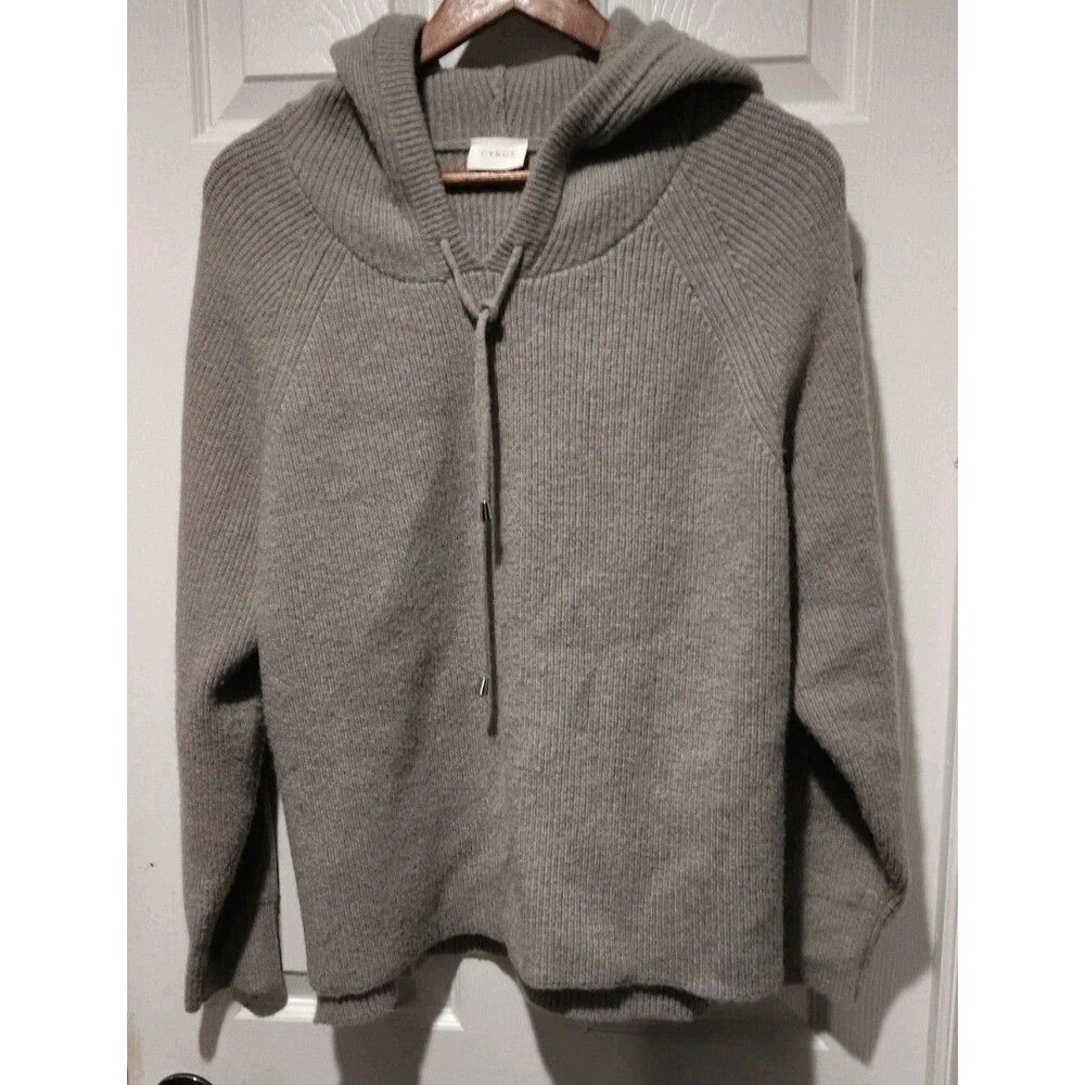 Cyrus Hoodie Sweater Womens LG Gray Ribbed Contrast Stretch Knit Pockets Hooded